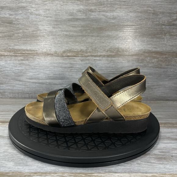 Naot Women’s Krista Pewter Brown Metallic Strappy Cork Footbed Sandals Size 6 - Picture 1 of 9